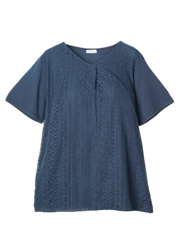 レディースニット・カットソー カット半袖チュニック フロントレースチュニック ネイビー 6L 3L 4L 5L ポリエステル 綿 夏