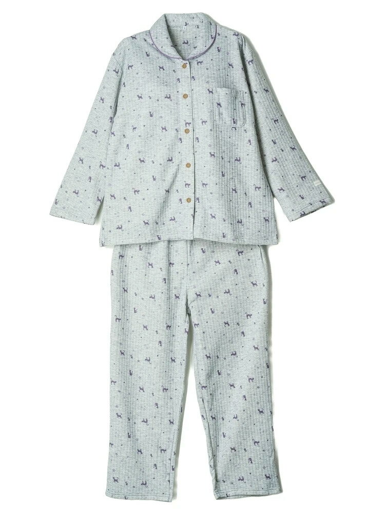 レディースニット・カットソー その他 裏綿キルトネコ柄ニットパジャマ L.グレー 3L 4L 5L 6L ポリエス..