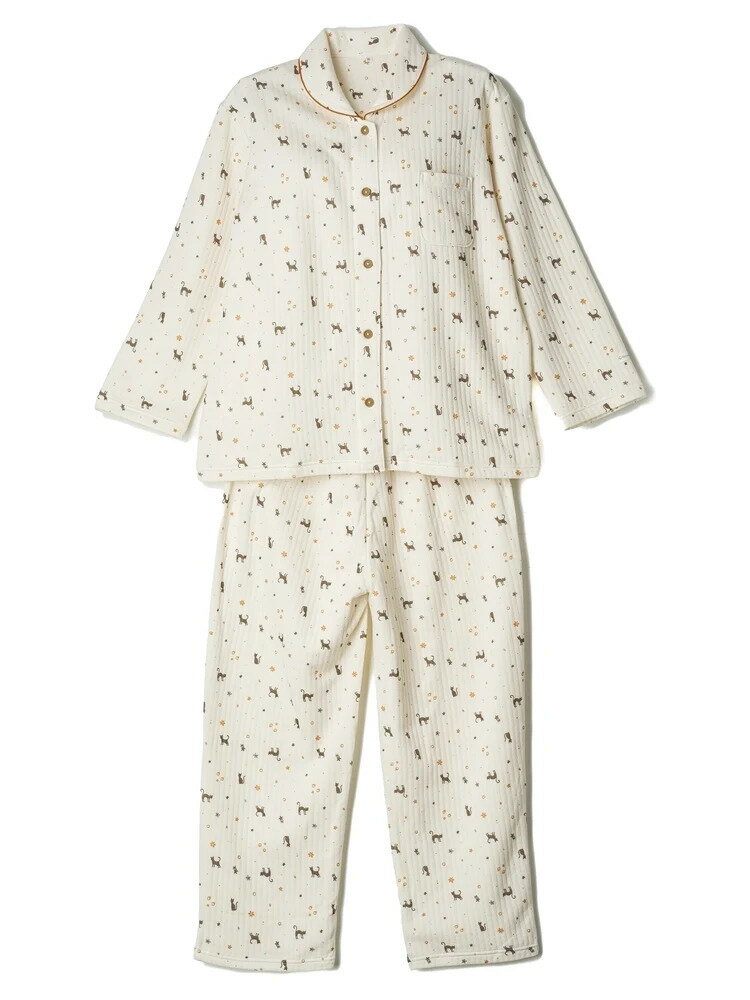 レディースニット・カットソー その他 裏綿キルトネコ柄ニットパジャマ クリーム 3L 4L 5L 6L ポリエス..