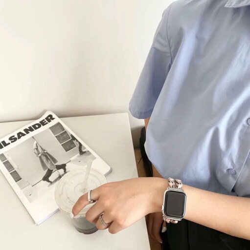 【バンド単品】チェーン& PUレザー アップルウォッチバンド(ピンク革)