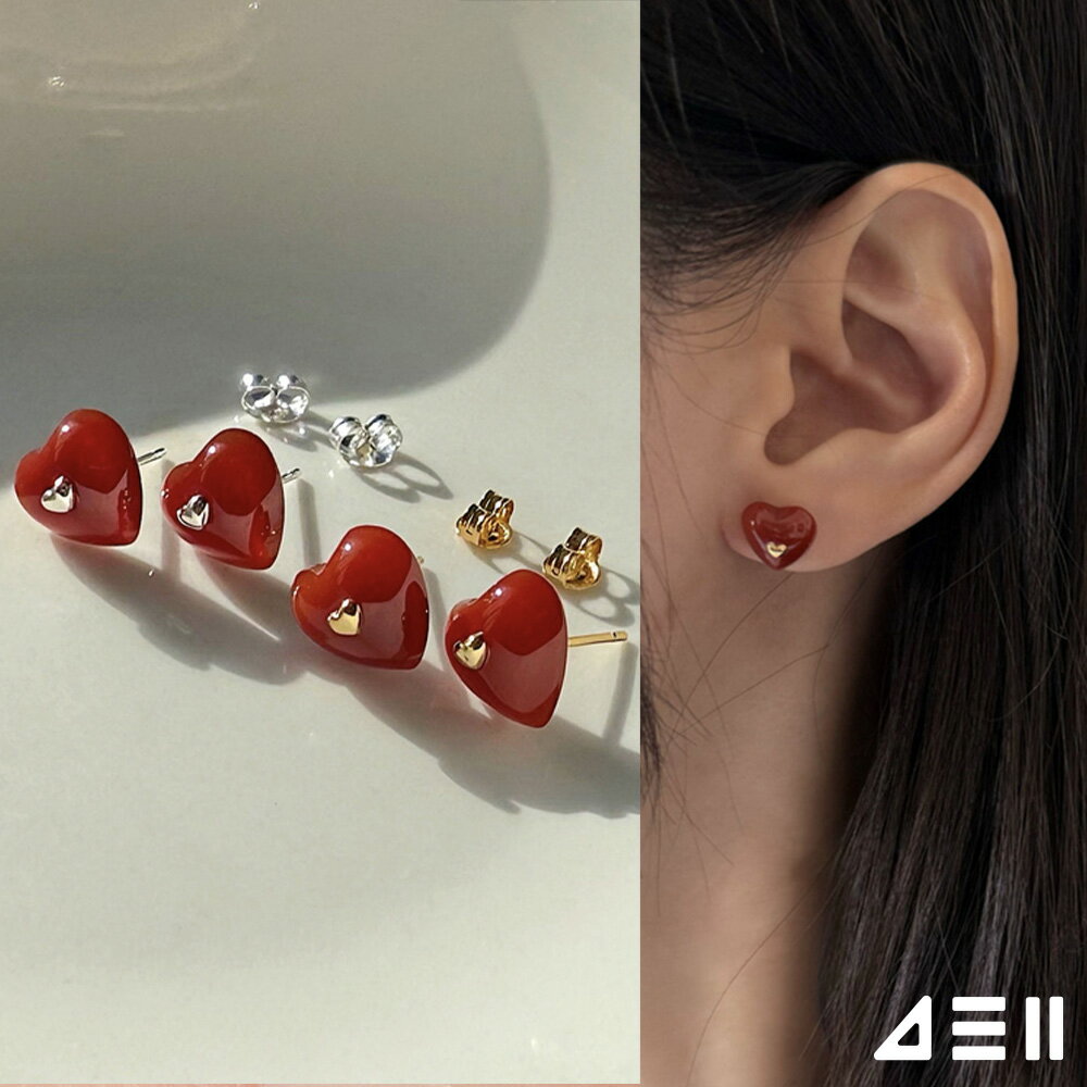 Orange - [925 Silver]レッド ハート ストーン ピアス (2Color) 両耳用 女性 誕生日プレゼント 女友達 ギフト 金属アレルギー 対応