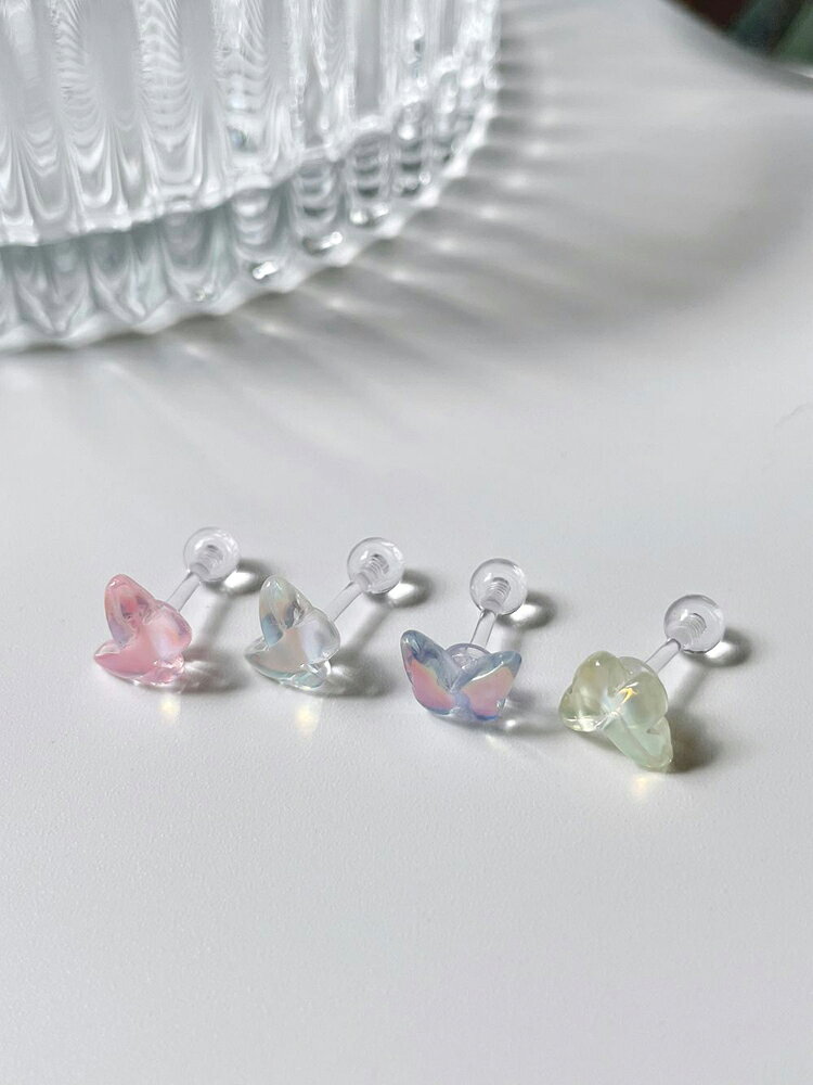 ガラス 蝶々 アクリル シリコン ピアッシング (4Color) 16G ボディピアス キャッチ ピアッシング 軟骨ピアス 16G 女性 誕生日プレゼント 女友達 ギフト 金属アレルギー 対応