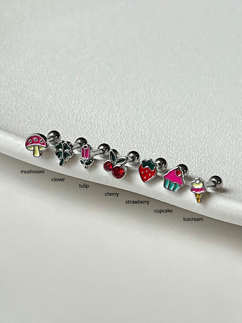 [サージカル]サマー カラー (7type) 16G きのこ クローバー チューリップ チェリー イチゴ カップケーキ アイスクリーム ボディピアス キャッチ ピアッシング 軟骨ピアス 16G サージカル 女性 誕生日プレゼント 女友達 ギフト 金属アレルギー 対応