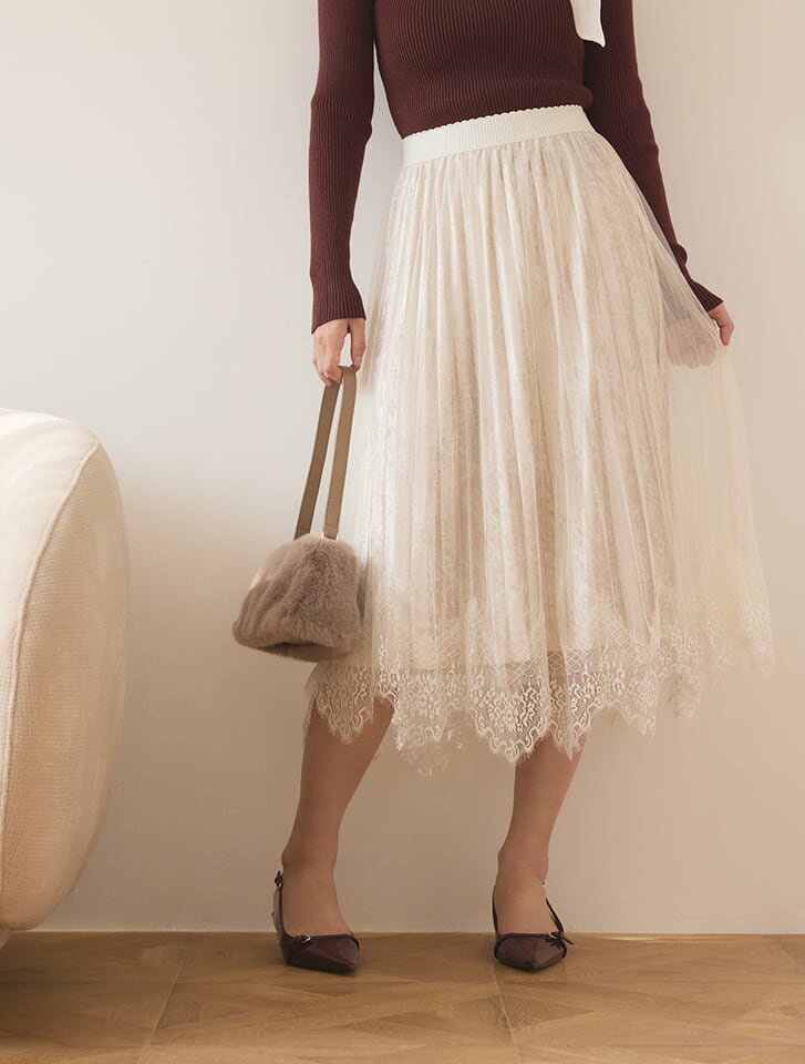 【閉店セール】12/3まで ベロアプリーツ×チュールレーススカート レディース ボトムス 透け感デザイン ブラック ホワイト 20代 30代 40代【送料無料】 低身長のサムネイル