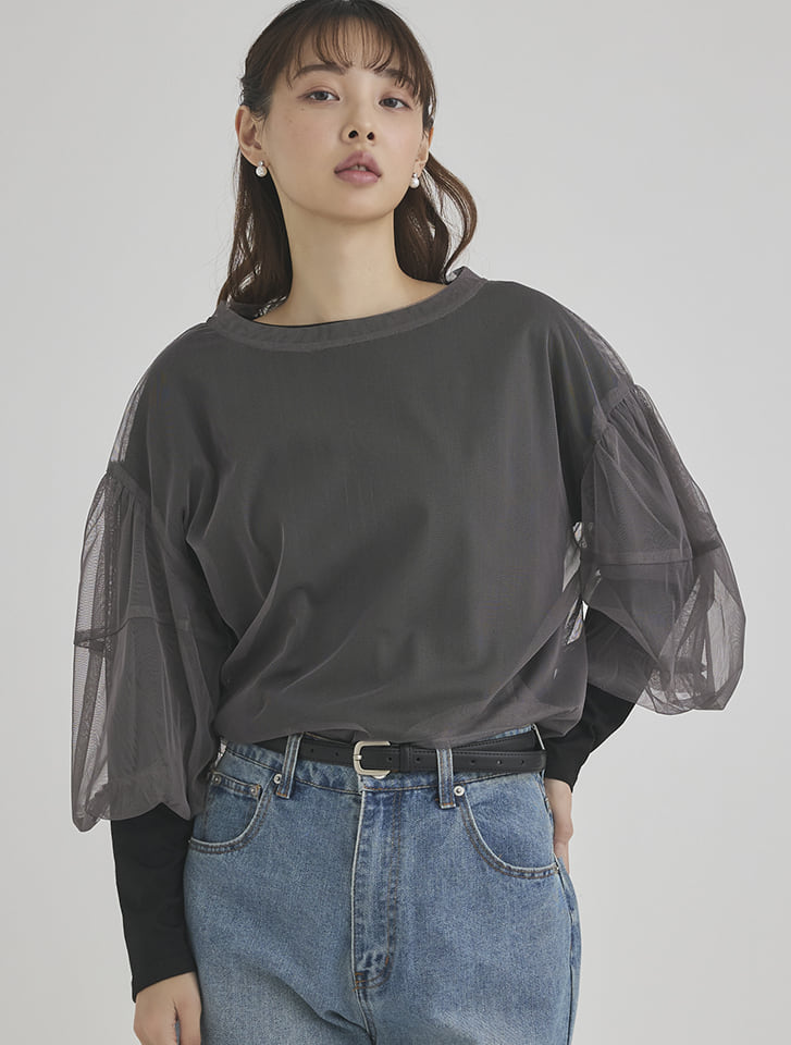 【閉店セール】12/3まで 【セールクーポン対象】 フィフス fifth チュール×長袖Tシャツセット レディース トップス Tシャツ カットソー 透け感 ブラック チャコールグレー 20代 30代 40代【送料無料】のサムネイル