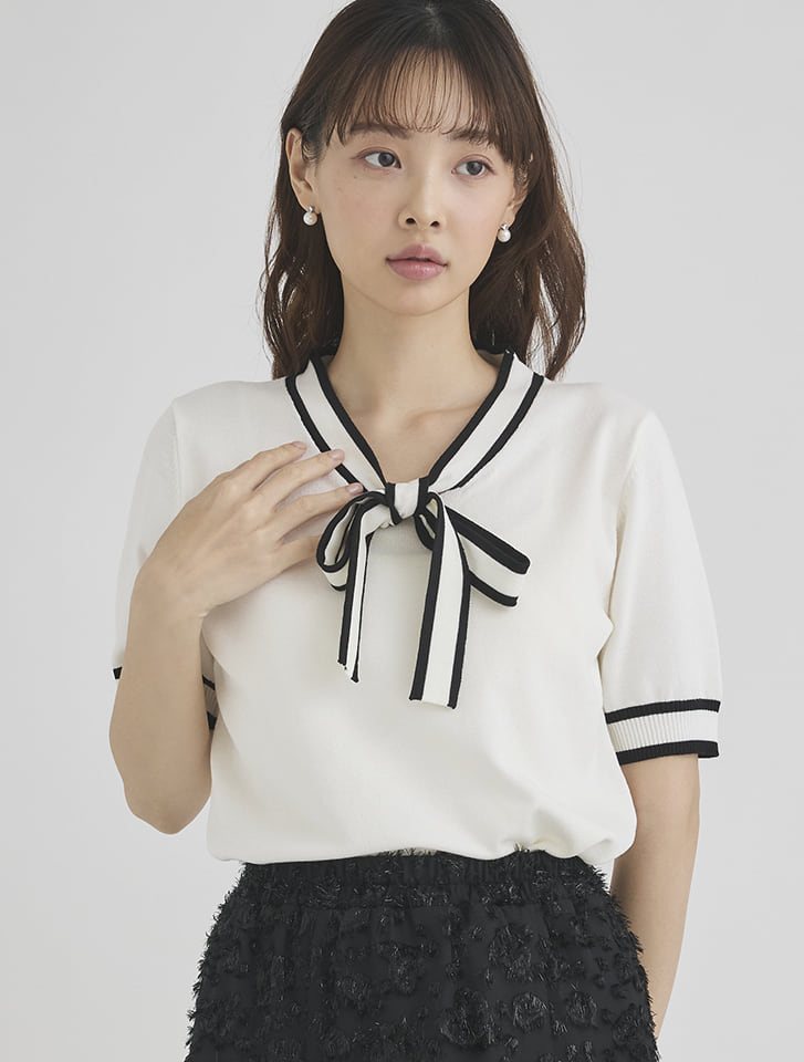 フィフス fifth 配色ボウタイニットプルオーバー レディース トップス ニット セーター フェミニン ブラック ホワイト 20代 30代 40代【送料無料】のサムネイル