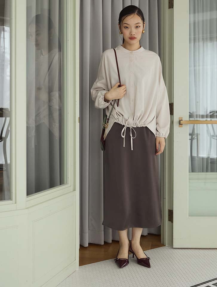 【閉店セール】12/3まで サテンナロースカート レディース ボトムス ナローシルエット サイドスリット カーキ チャコールグレー ブラック 20代 30代 40代【送料無料】のサムネイル