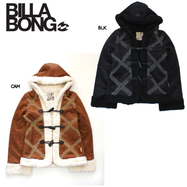 【BILLABONG】レディース フェイクムートン フードボア ショートコート ダッフルコート/S M/キャメル ブラック