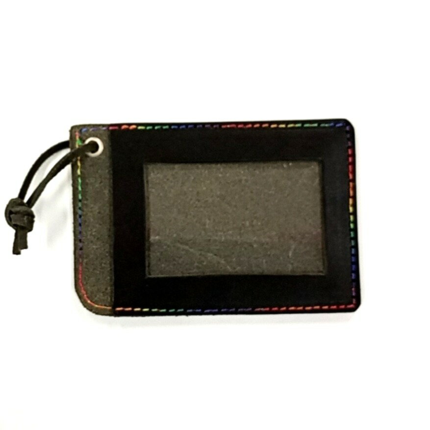 本革100％ ハンドメイド 片面パスケース(ブラック×レインボーステッチ) pass-one-001【送料無料】 誕生日 記念日