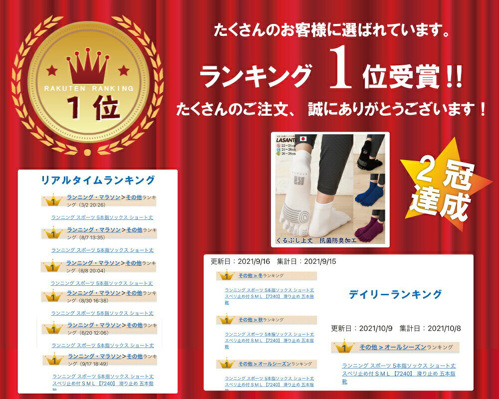 ランニング スポーツ 5本指ソックス ショート丈 スベリ止め付 S M L 22-24cm 24-26cm 26-28cm 滑り止め 【7240】 五本指ソックス レディース メンズ 日本製 スポーツ靴下 5本指 スポーツソックス 五本指靴下 くるぶし マラソン ウォーキング ビッグ 5honyubi-10000334 元祖5本指ソックス専門店ラサンテ サンプル画像2