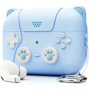 AirPods Pro2 ケース かわいい エアーポッズプロ2 ケース 猫とゲーム機のデザイン AirPods Pro 第2世代 ケースキーチェーン付 (ブルー)