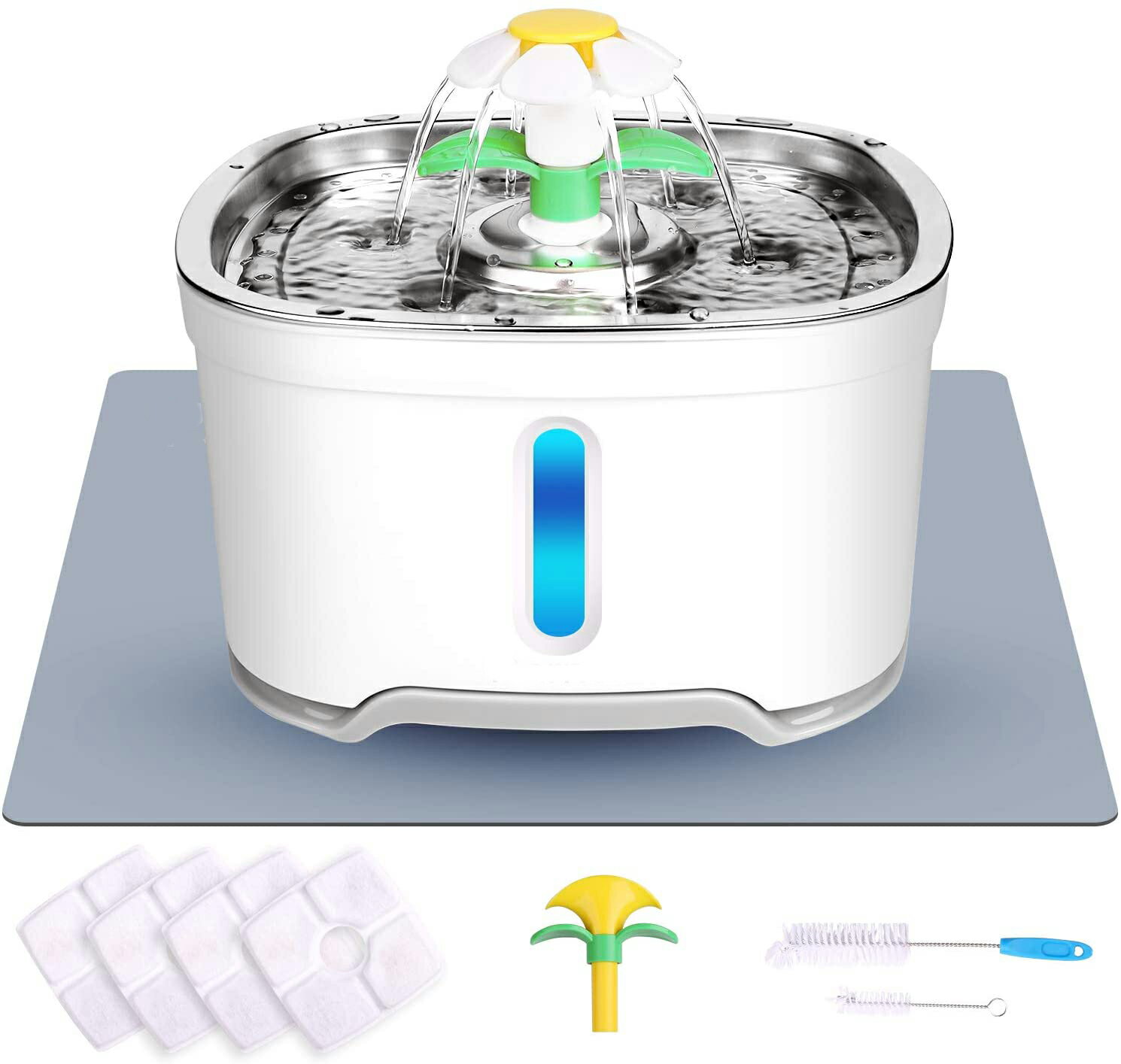 ペット給水器 自動給水器 水飲み器 猫/小型犬用 循環式給水器 ステンレス鋼 活性炭フィルター付き シリコンマットと2つのクリーニングブラシ付き 超静音BPAフリー 2.5L大容量 LEDライト