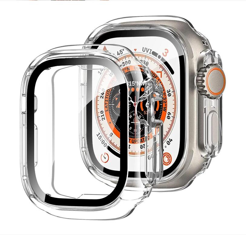 （2枚セット）Apple Watch Ultra 49mm ケース 対応 apple watch Ultra 保護カバー 49mm 全面保護 PCフレーム+強化ガラスフィルム 一体型 高透過率 9H硬度 衝撃吸収 充電対応 脱着簡単 アップルウォッチ Ultra 保護ケース 49mm（クリア）