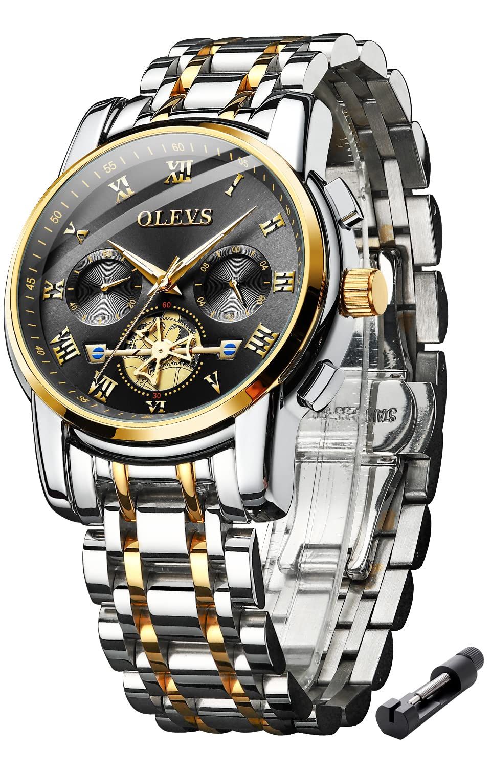 腕時計 メンズ クォーツ うで時計 人気 大きめ文字盤 アナログ 防水 ステンレス鋼ベルト発光ポインター ブラック