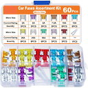 60個車ヒューズ、車/トラック/オートバイ用(2A 3A 5A 7.5A 10A 15A 20A 25A 30A 35A 40A)、低背平型ヒューズ + 1個ヒ...