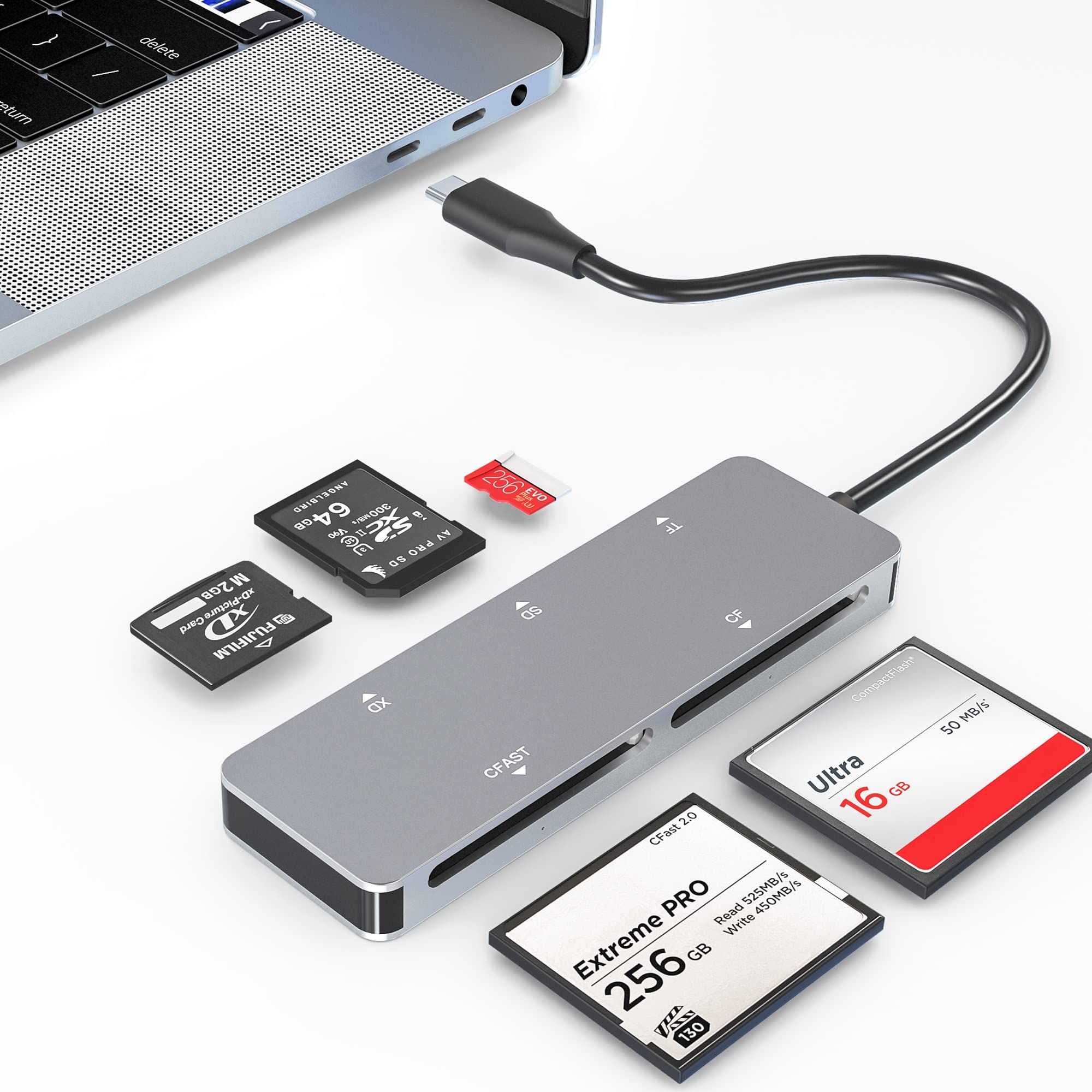 ?【USB C CFast 2.0 カードリーダー】CFast 2.0メモリーカードのデータ転送に対応。高速Type-C 3.0データ転送速度超高速5Gbpsで、高解像度の画像やビデオ録画をより速く、より効率的にコンピューターに転送できます。USB-C 3.0は、USB 2.0とUSB 1.1の後方互換性があります。?【1台で5つのカードリーダー】： 5枚のカードを同時に読み書きでき、抜き差しの手間が省けます。CFastカード、CFカード（CFカードスロット） ; XDカード（XDカードスロット） ; Miscro SD, Micro SDHC, Micro SDXC, TFカード（TFカードスロット） ,SDHC, SDカード, RS-MMC, MMCマイクロカード（SDカードスロット） .?【プラグアンドプレイ】： 電源やアプリを追加する必要がなく、プラグアンドプレイで使用できます。ホットスワップ。アルミニウム材料、抗酸化、高温耐性、このカードリーダーの寿命を拡大するの作る。?【幅広い互換性】Windows XP/Vista/7/8/8.1/10, Mac OS, Linux, Chrome OS などと互換性があります。プラグ＆プレイ、ホットスワップ機能；外部電源不要、USBバスパワー、カメラマンやビデオグラファーの携帯や使用に簡単で便利です。
