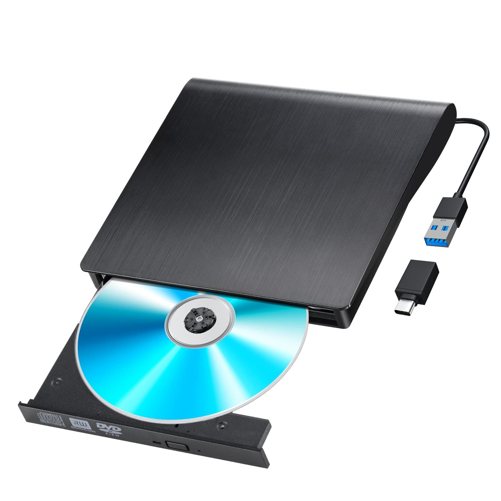 CD DVDドライブ 外付け USB3.0 USB-Cアダプター付き CD/DVD読取・書込 USB3.0/2.0 ポータブルドライブ Window/Mac OS両対応 高速 静音 簡単操作 コンパクト スリム DVD±RW CD-RW