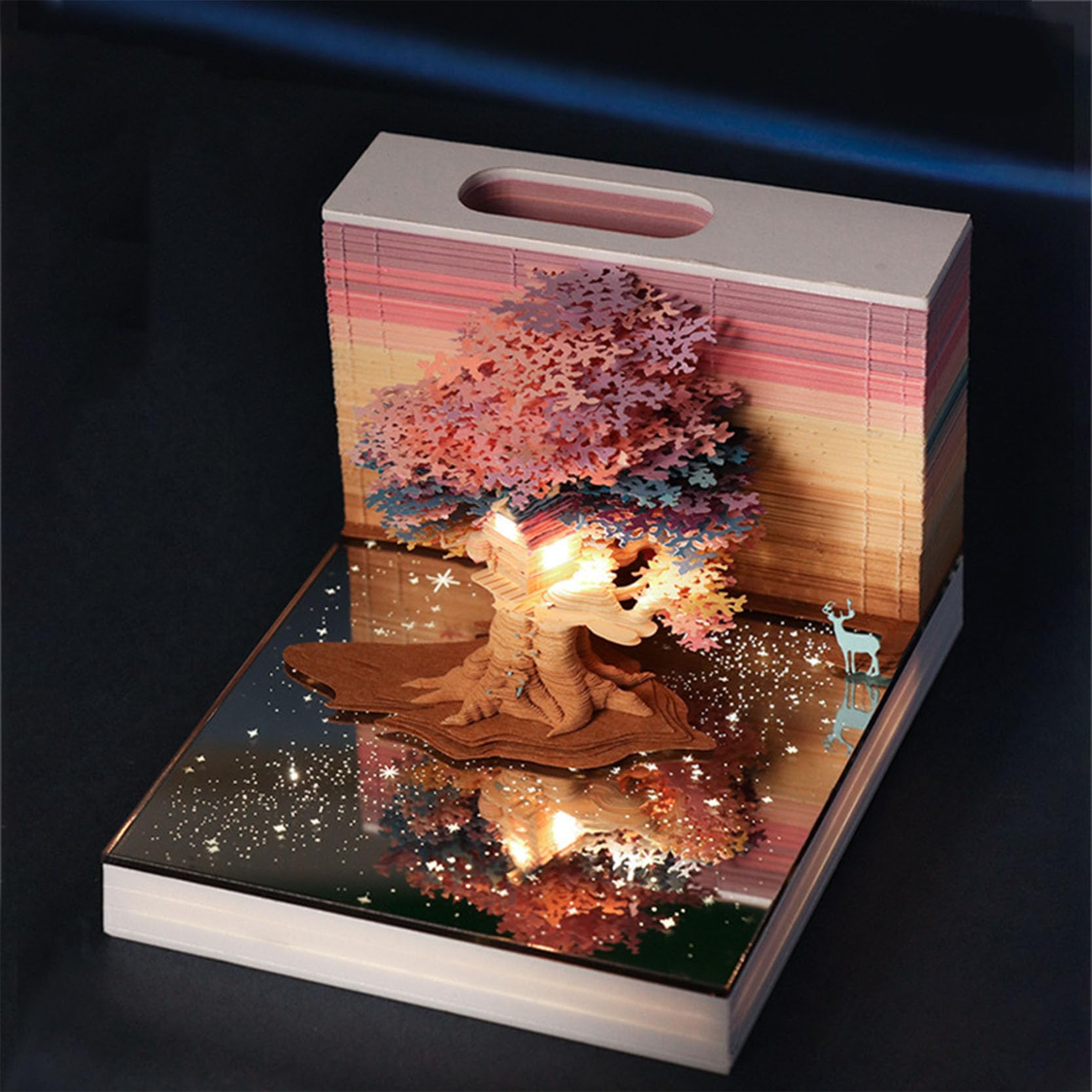 3D カレンダー 2024 ライト付きメモパッド、紙彫刻アート桜の木 DIY メモメモ帳 11.5x9.5x7cm、切り離せるメモ帳クリスマス装飾ギフト,B