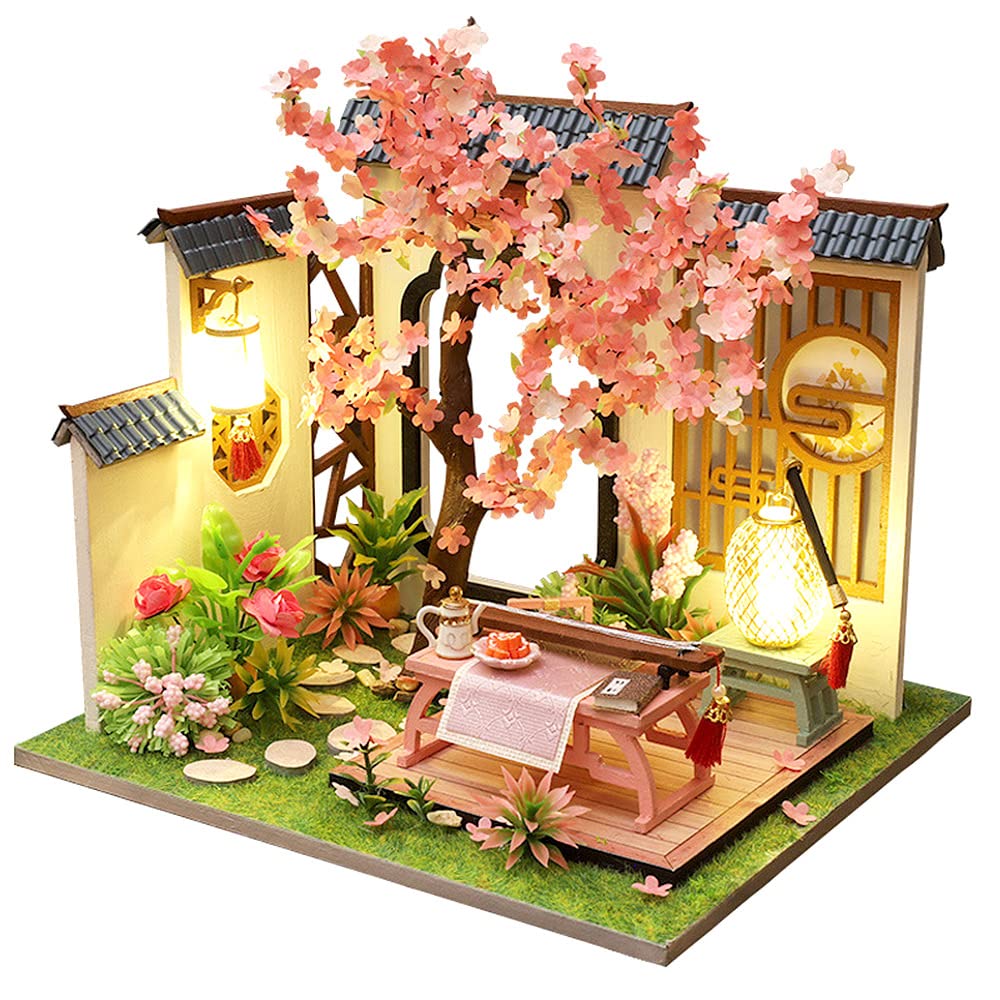 1/24 ドールハウス ミニチュア 手作りキット セット 桜咲く 中国 の 中庭 チャイナ 中華 | LEDライト + アクリルケー