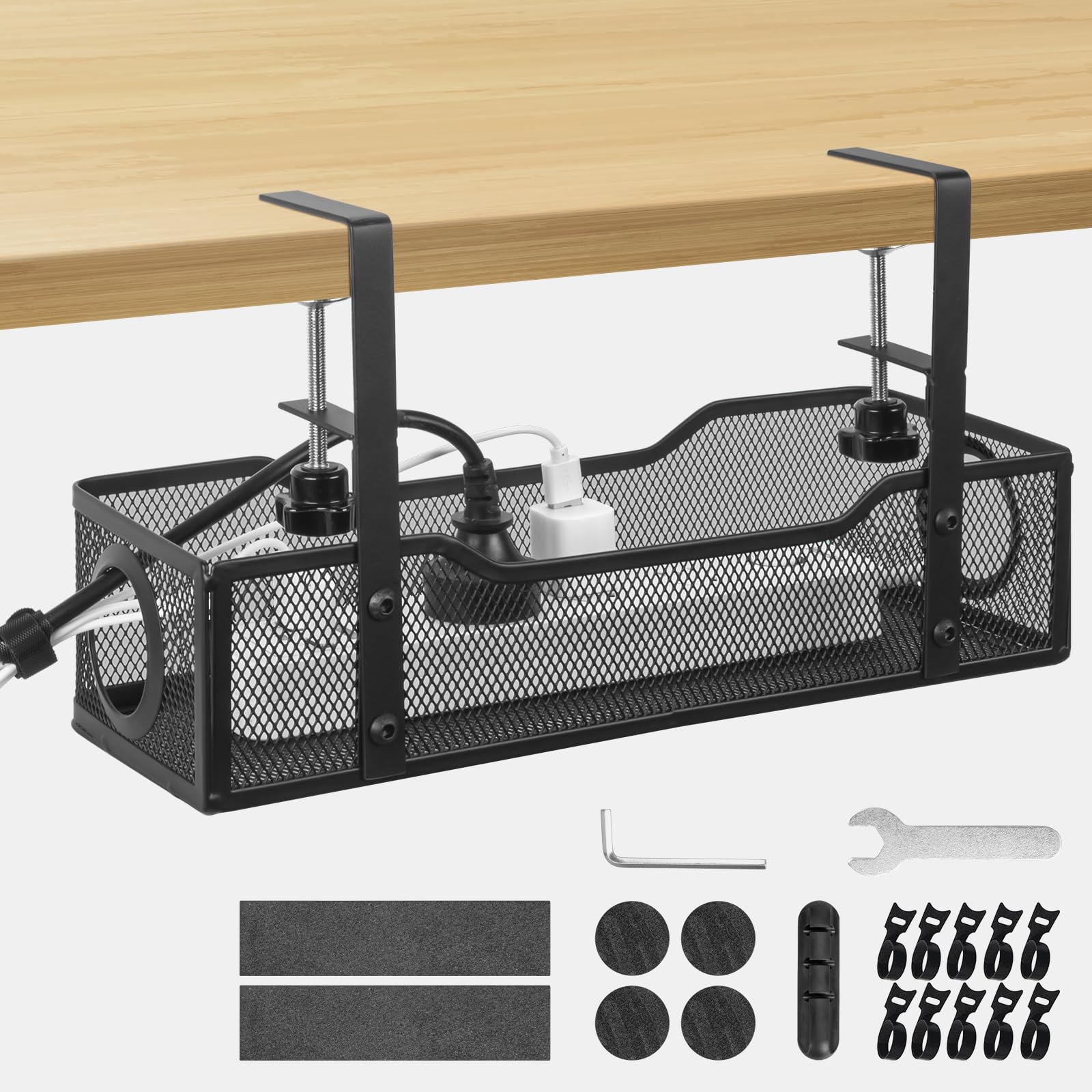 【大容量隠し収納】ケーブルトレー クランプ、オフィス、書斎、台所、浴室などに適用可能です。文房具用品、小物収納、机 収納、机下 収納、はさみ、リモコン、食器、化粧品など、さまざまな小物を収納できる優れた万能収納箱であり、どこに置くかわからない小物をきれいに収納することができます。事務所の掃除、ケーブル収納と配線 整理が簡単になります。【通気性に優れたメッシュタイプ】メッシュタイプのデスクケーブルトレーなので電源タップに熱がこもりにくくなっております。付属の固定ベルトを使用してトレーと電源タップを固定することも可能です。テーブル下収納ラックは後方に2つのだ円穴を備えており、携帯電話の充電やデータ転送に便利なデスク下 収納。【自由自在に長さを調整可能】デスク天板は厚さ1～6cmに対応しています。自分のニーズに応じて、 適当なサイズを調整して、電源タップ 収納、WIFI ルーター 収納、PCケーブル 収納などに使用できます。デスク周りの配線 整理するためのケーブル配線トレーでデスク周りにごちゃごちゃになりがちな電源タップやケーブル類をまとめてデスクの下に隠すことができます。【穴あけ不要の収納ラック】 ネジ不要。組立不要。完成品でお届けます。クランプ固定式でデスクに取り付けできるケーブル配線トレーです。テーブルを傷つけずに天板に固定できるの調整可能ねじをカスタマイズしました。デスクの天板を挟むことで底部のハンドルを回して簡単に設置できます。ベッドルームやリビングルームで使えて、テレビ裏収納ラックとしても、机の下収納してもいいです。【商品の基本情報＆品質保証】デスク 収納の サイズ長さ：34cm、高さ：7.5cm、幅さ：11.5cm、重量1kg。後付け引き出し デスク下 収納の最大耐荷重/(約)5kg、材質/本体フレーム:スチール・生地: ポリエステル・ネジ:スチール。弊社の商品は出荷前に全ての商品の検品を行っておりますが。同時に、品質問題について、届く日から30日まで、商品交換可能。ご遠慮なくお問い合わせください。