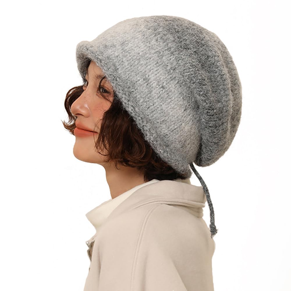 ウール帽子 グラデーション ニット帽子 冬 小顔効果 ハット ウール混紡 大きいサイズ ドローストリングのサムネイル