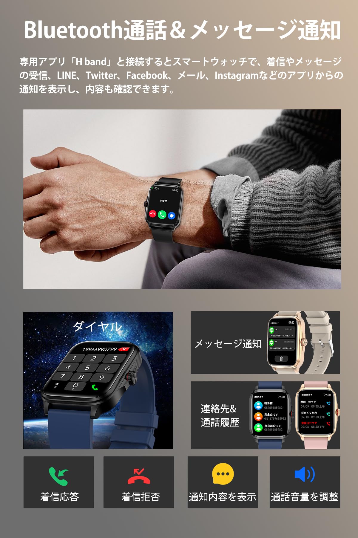 スマートウォッチ 1.91インチ大画面 通話 軍用規格 スポーツウォッチ GPS運動記録 歩数計 着信/Line/メッセージなど通知 ストップウォッチ 腕上げ点灯 電卓 長持ちバッテリー メンズ レディース smart watch 腕時計 iPhone/Android対応 ギフト プレゼント