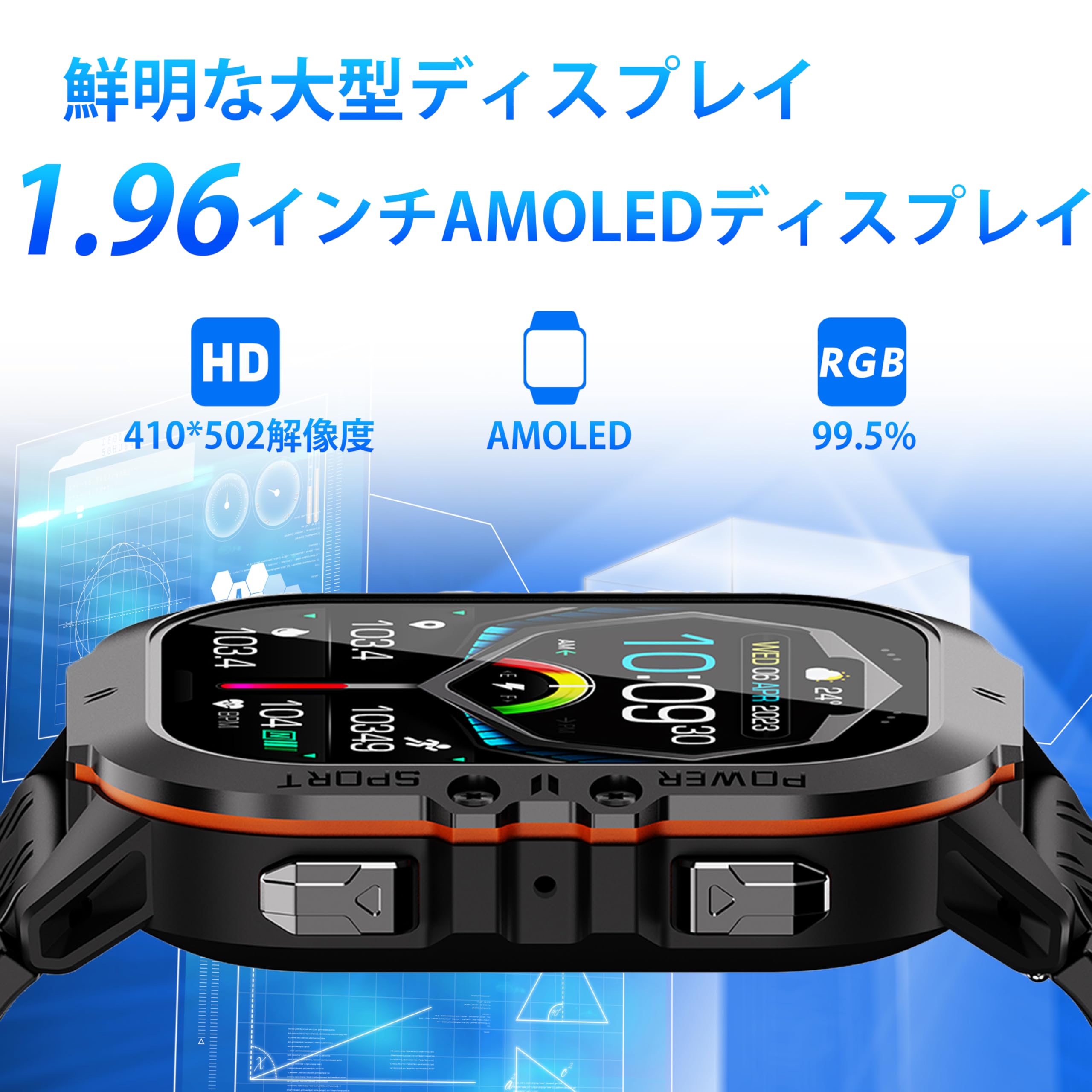 スマートウォッチ 新登場 1.96インチ AMOLED高精細ディスプレイ 1ATM防水 軍用規格 Smart Watch 通話機能付き 活動量計 歩数計 100+種類運動モード 220+文字盤自由設定 カレンダー 350mAh長持ちバッテリー iPhone/アンドロイド対応 メンズ レディースギフトプレゼント