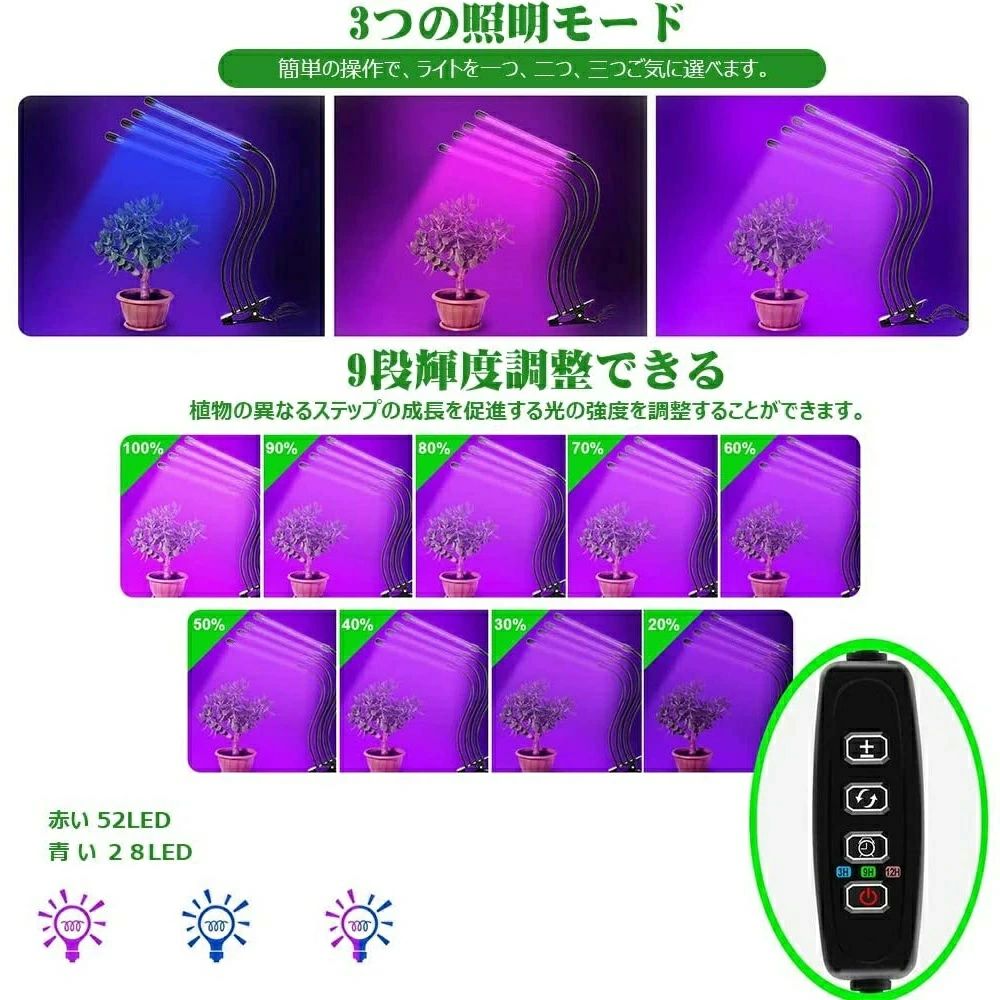 植物育成ライト Led室内栽培ランプ 赤 青光線 多肉植物 観葉植物 トラスト 水耕栽培 園芸 家庭菜園 水草栽培 室内園芸 日照不足解消 9段階調光 各ランプは個別に制御できます 40w 改良版 多肉植物育成ランプ 植物育成ledライトタイマー 水耕栽培ランプ 80led Usb給電