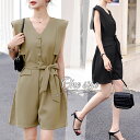 \当日発送/【5/15限定20%offCP】レディース オールインワン 夏服 ワンピース風 サロペット ノースリーブ タックデザイン 体型カバー ベルト付き お...