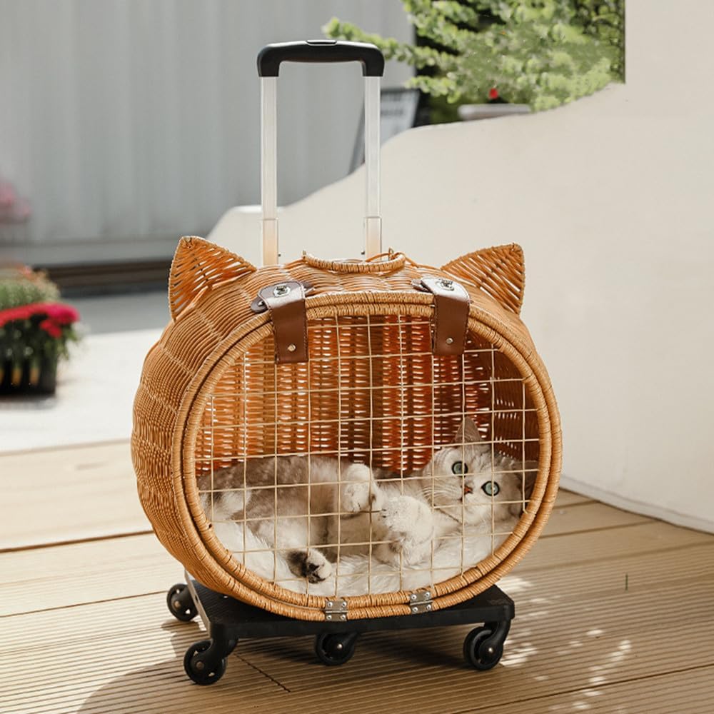 猫 ペットキャリー 籐製ペットキャリー キャスター付き トロリーキャットバッグ 猫...