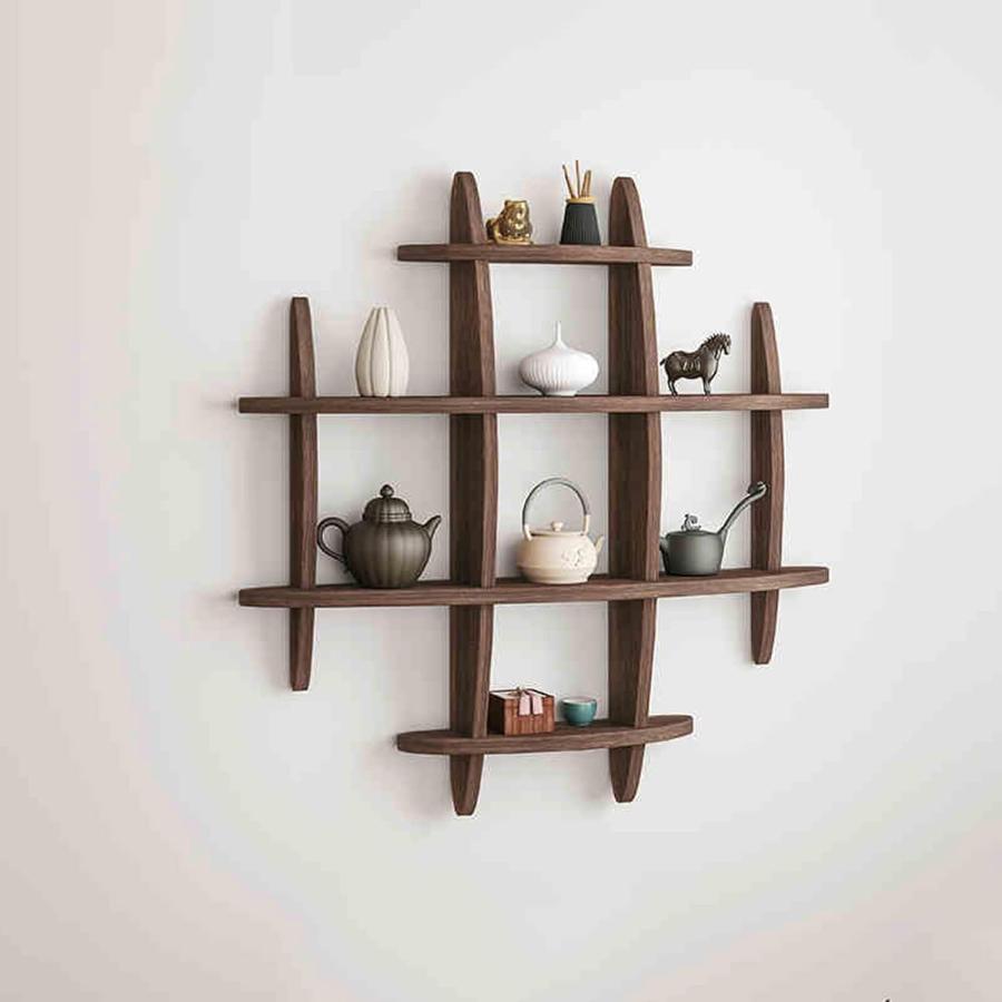 ウォールシェルフ 壁掛け飾り棚 おしゃれ 木製 壁棚 丸型 珍品棚 飾り棚 木製 花台 茶器 和室 置物 デ..