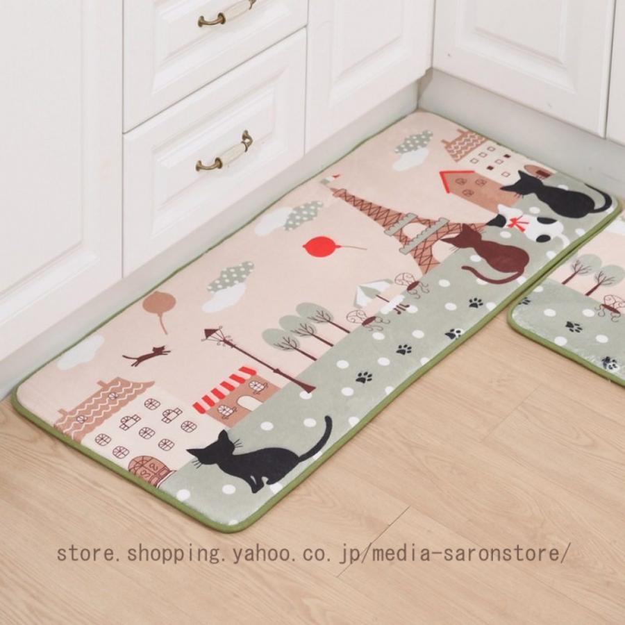 Rakuten - キッチンマット 洗える おしゃれ かわいい 猫 犬 滑り止め ロング キッチン マット フランネルラグ 台所マット インテリアマット 幅広