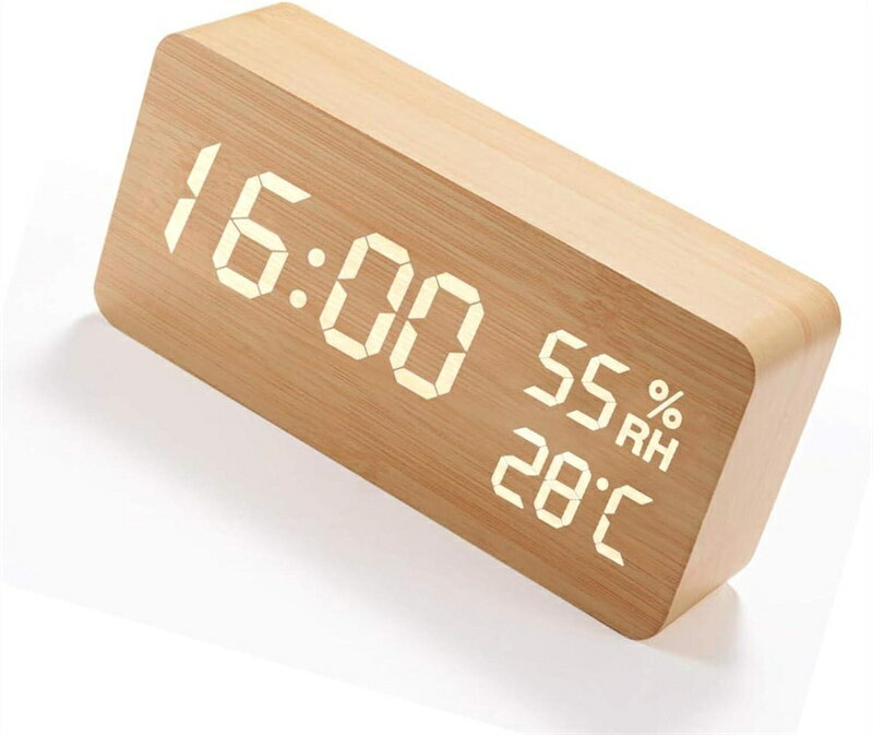 【あす楽最短翌日着】目覚まし時計 置き時計 木目 LEDデジタル時計 アラームクロック 温度湿度計 カレンダー 音声感知 USB/乾電池給電 イエロー