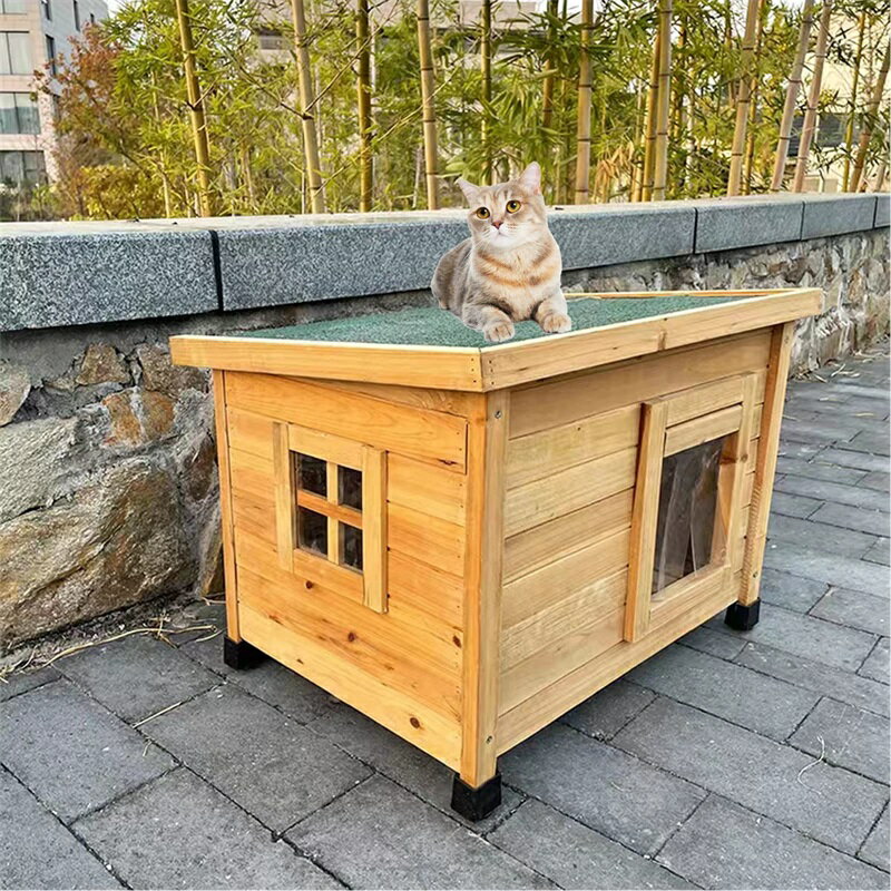 猫 ハウス 屋外 キャットハウス 猫の家 透明な窓とカーテンで雨を防ぎ、暖かく過ごせる屋外用シェルタ..