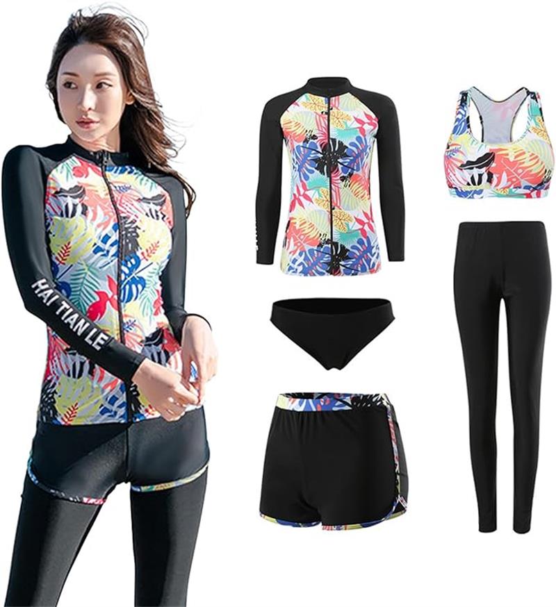 ラッシュガード レディース 5点セット 水着 体型カバー UVカット レギンス 長袖ラッシュガード 前開き ..