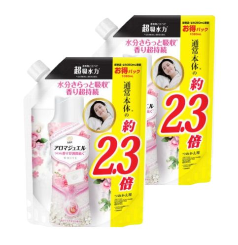 【商品名】 レノア アロマジュエル ホワイトサボン P&G つめかえ用 香り付け専用剤 特大 1080ml 2袋セット お洗濯の香り付けビーズ アロマジュエル WHITEシリーズ リッチな香り12週間続く*1 *1保管状態で 濡れた髪をふくタオル、汗ばむスポーツ着など 水分さらっと吸収*2 柔軟剤と相性抜群、柔軟剤とMixしてあなただけの香り作れます 冷たい水やスピードコースでもしっかり溶けます