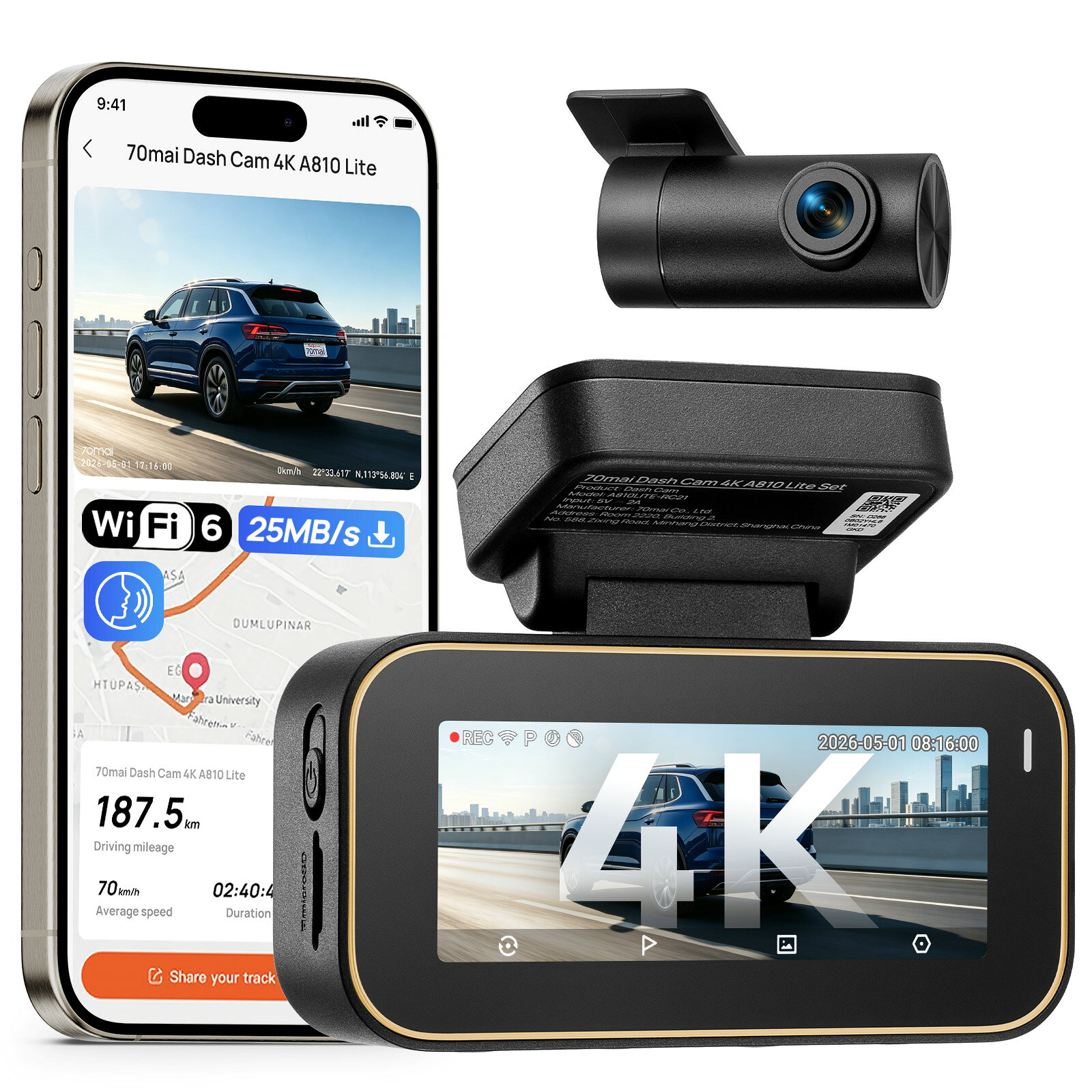 70mai Dash Cam 4K A810 Lite ドライブレコーダー 前後2カメラ HDR搭載 F1.55 超広角 超強暗視 GPS 常時録画 衝撃録画 駐車監視 日本語音声コントロール スマホ連携 パソコンと接続可能 技適認証済 全国LED信号対応ノイズ対策済 日本語取扱書 12V乗用車 24Vトラックとも対応