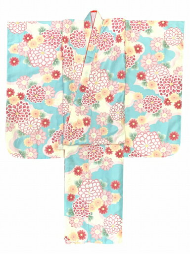 七五三 着物 7歳 2025年新作 女の子 古典柄の子供着物 小紋柄(総柄) きもの 襦袢付き 合繊「水色x肌色、菊」OYM-A806 購入 販売