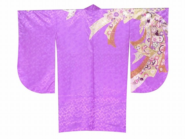 卒業式 袴 セット 女子用 二尺袖着物 ショート丈 刺繍袴 2点セット 合繊「紫系 束ね熨斗」KNS743YGSM [購入 販売]