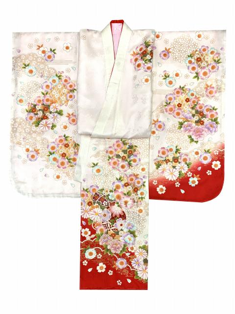 七五三 7歳 女の子用 日本製 正絹 京友禅 絵羽付け 刺繍入り 四つ身の着物「紅白、鞠と牡丹」HMOJ471