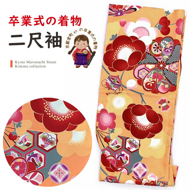 卒業式の着物 小紋柄 二尺袖 単品 ショート丈の着物 袴用 フリーサイズ「シャーベットオレンジ、古典柄..