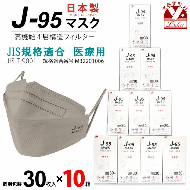 【まとめ買い10個組】マスク 不織布 3d 立体 日本製 j95 正規品 国産 JIS規格適合 医療用レベルクラス3 サージカルマスク 4層 30枚入×10箱(300枚)「ベージュ」j95-mask-st-BG10