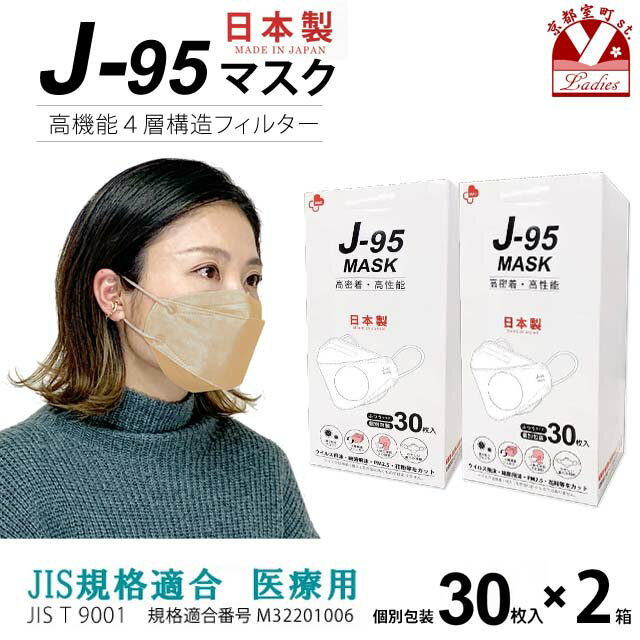 【まとめ買い2個組】マスク 不織布 3d 立体 日本製 j95 正規品 国産 JIS規格適合 医療用レベルクラス3 サージカルマスク 4層 30枚入×2箱(60枚)「ハニー」j95-mask-st-HO2