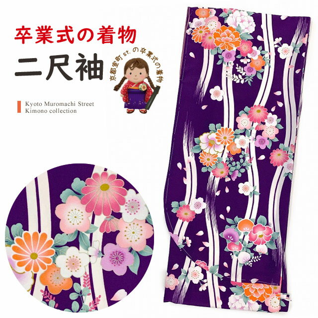 卒業式の着物 小紋柄 二尺袖 単品 ショート丈の着物 袴用 フリーサイズ「紫、縦枠と花輪」T2K1428-11