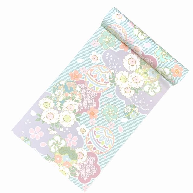 反物 子供着物用 12m 着尺 華やかな古典柄 日本製 ポリエステル 未仕立て 七五三着物 ジュニア着物に「パステル系、雲に鞠」KG-001-1PSTL