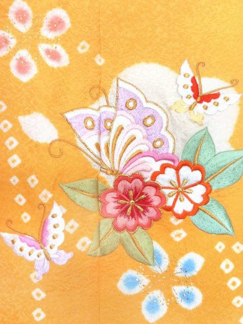 七五三 着物 7歳 フルセット 正絹 女の子 本絞り 刺繍入り 絵羽柄の子供着物 セット「黄色 桜に蝶」IYS900f21RR 購入 販売