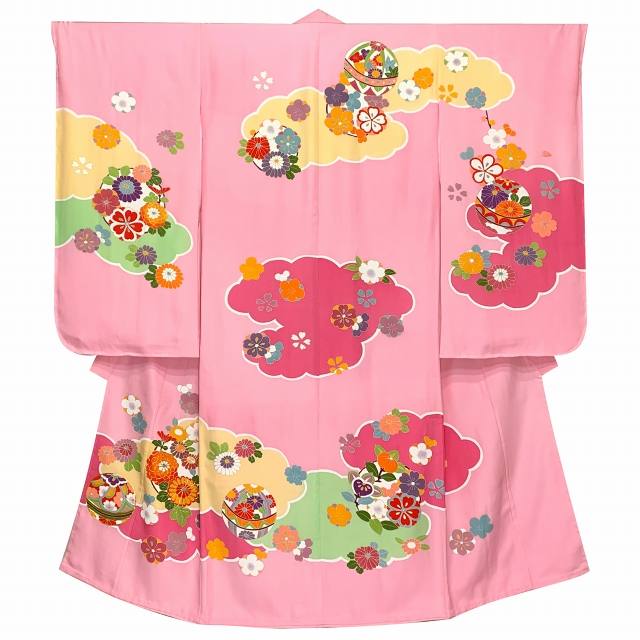 七五三 着物 7歳 女の子用 フルセット 正絹 日本製 絵羽付けの四つ身 結び帯セット「ピンク、雲に四君子草」TNYS758d101RR [購入 販売]