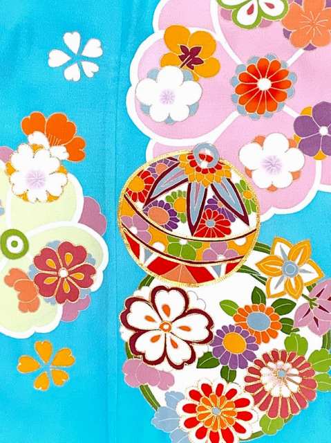 七五三 着物 7歳 女の子用 フルセット 正絹 日本製 絵羽付けの四つ身 結び帯セット「水色、鈴と四君子草」TNYS759d103LL [購入 販売]