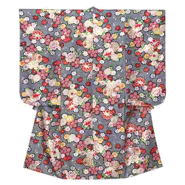 七五三 着物 7歳 フルセット 女の子 小紋柄の子供着物 結び帯セット 合繊「黒地、鈴と牡丹・雪輪」PTK369ut24RG 購入 販売