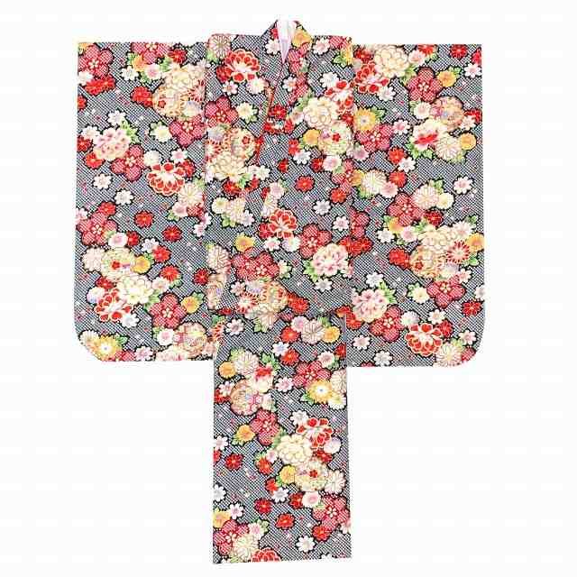 七五三 着物 7歳 フルセット 女の子 小紋柄の子供着物 結び帯セット 合繊「黒地、鈴と牡丹・雪輪」PTK369ut24RG 購入 販売